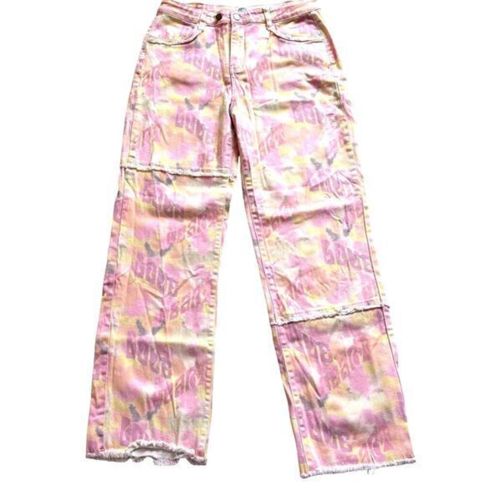 Princess Polly Adore‎ You Straight Wide Leg Print Jeans Raw Hem Size 12